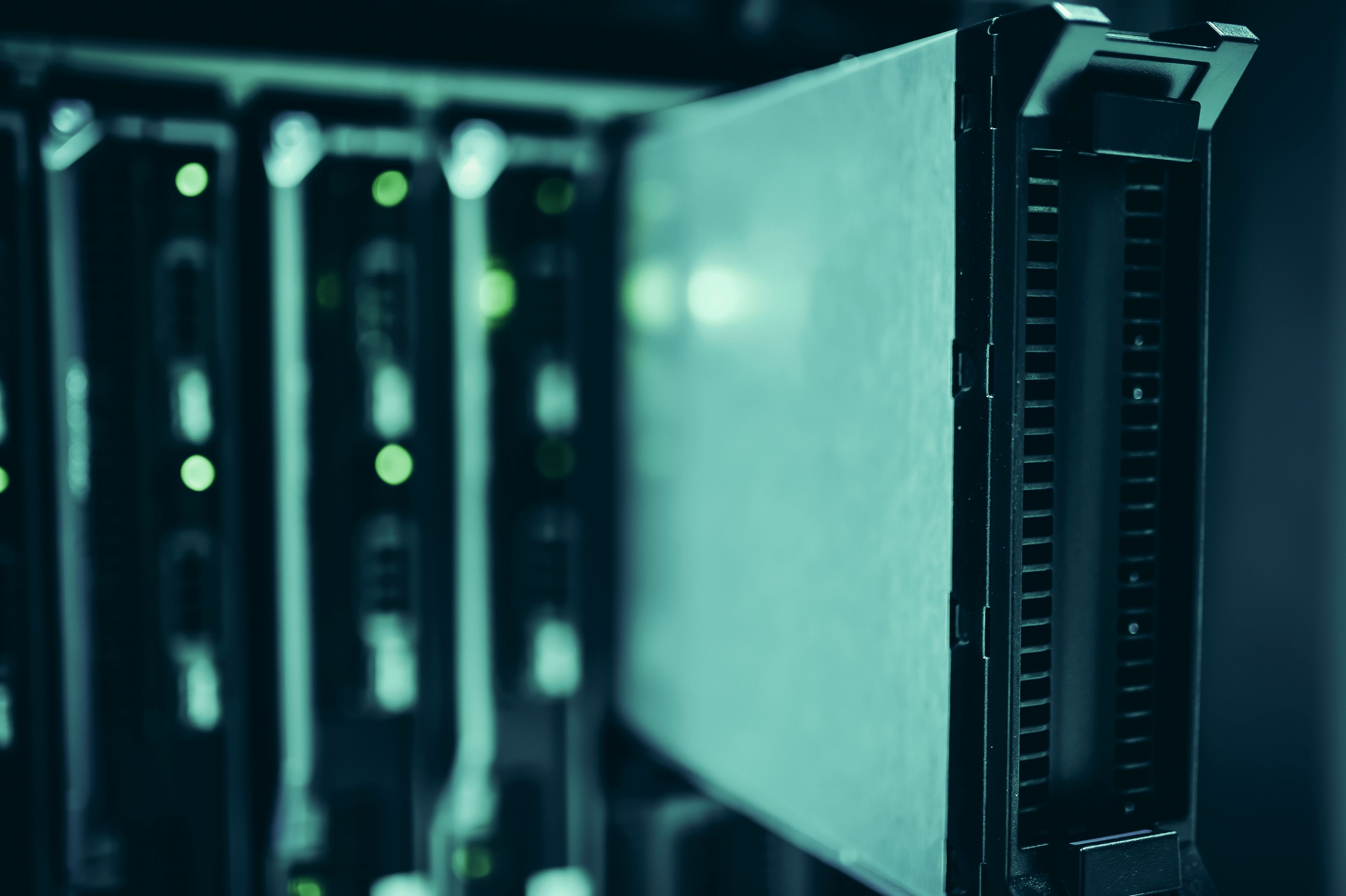 Close-up of server racks in a data center hosting websites